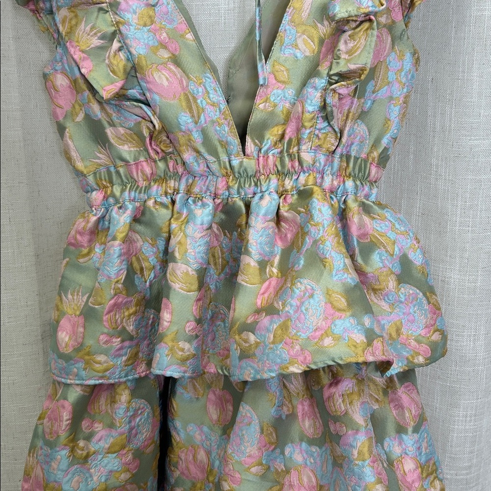 Buddy Love Jacquard Floral Ruffle Tiered  Dress in Sage Green and Pastel Pink - Picture 11 of 15
